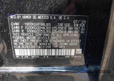 2025 Honda Hr-V Awd Sport из США, поврежденный, VIN 3CZRZ2H57SM721208